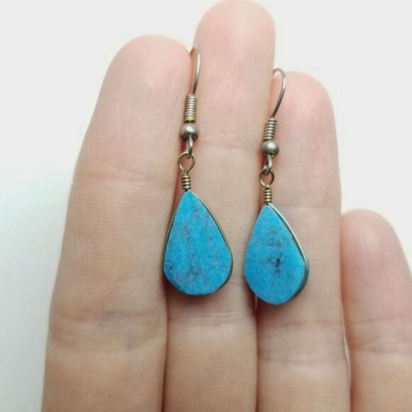 Vintage Blue Wire Wraped Drop Shape Dangle Earrings, Minimal Lightweight - Picture 2 of 5
